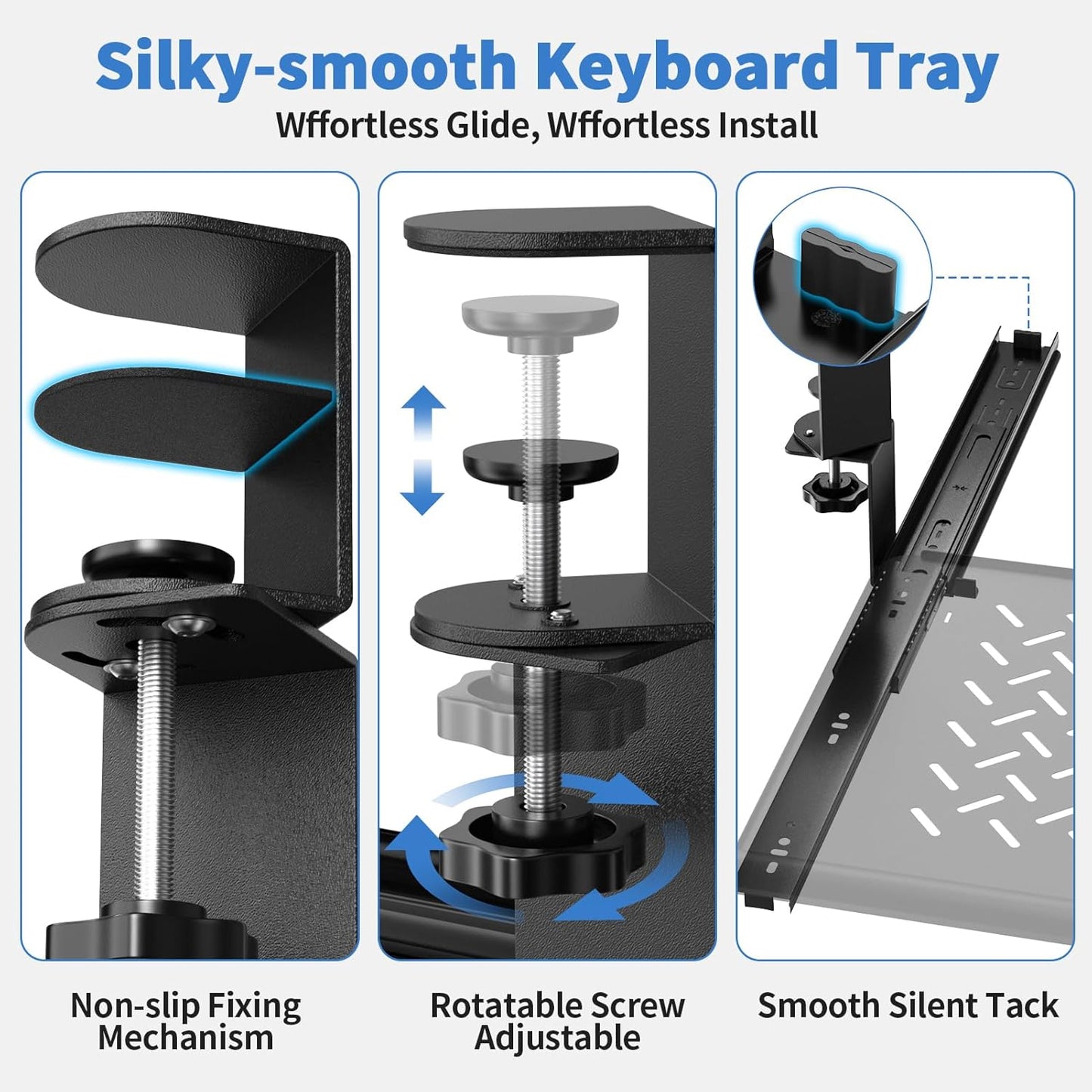 Keyboard Tray Under Desk - Full Metal Slide Out Holder, Rust-Resistant & Scratch-Proof, 26x13" Tray, Double C-Clamps for L Shape/Regular Desks, Standing/Sitting Workstation(Black-A)