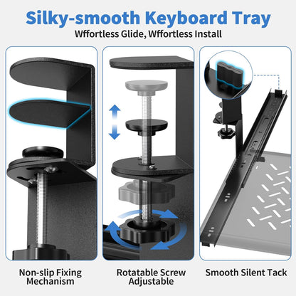 Keyboard Tray Under Desk - Full Metal Slide Out Holder, Rust-Resistant & Scratch-Proof, 26x13" Tray, Double C-Clamps for L Shape/Regular Desks, Standing/Sitting Workstation(Black-A)