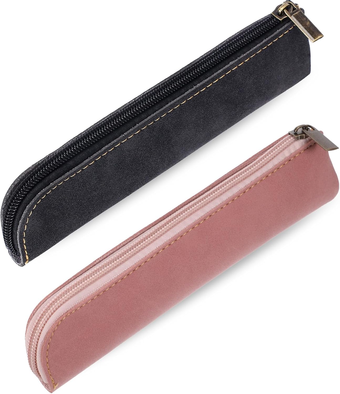 Psyqtsuary Leather Pencil Case, 2 Pcs Slim Small Pencil Pouch Portable Flat Pen Pouch with Zipper Simple Makeup Bag Lipstick Case for Women Men Home, Office, Travel Outdoor (Black, Claret)