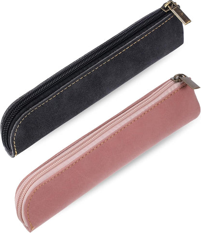 Psyqtsuary Leather Pencil Case, 2 Pcs Slim Small Pencil Pouch Portable Flat Pen Pouch with Zipper Simple Makeup Bag Lipstick Case for Women Men Home, Office, Travel Outdoor (Black, Claret)