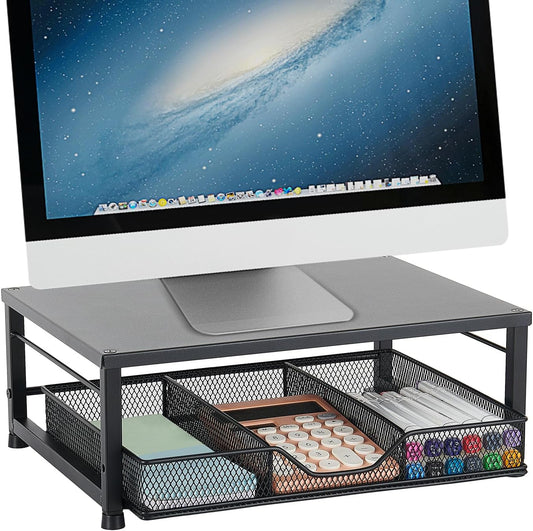 Wood Metal Monitor Stand Riser, Laptop Stand for Desk, Office Desk Organizer and Accessories, Computer Desktop Shelf with Drawer and Pen Holder, Printer Stand for Home, Office, Dorm (Natural Wood)