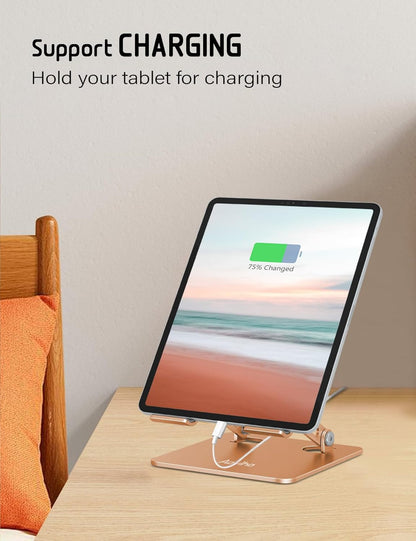 Aoviho Tablet Stand Holder for Desk, Adjustable Aluminum Desk Accessories, Stable Desktop Stand for Office Home,Compatible with iPad Pro Air Mini, Samsung Tablets, Rose Gold