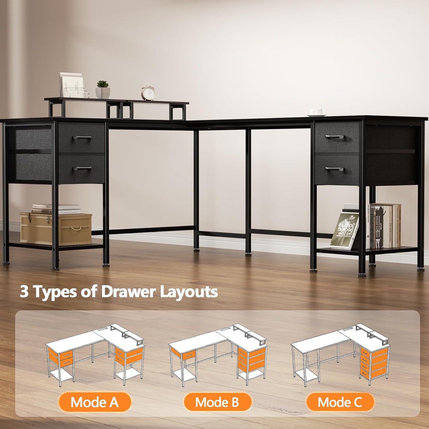 Korfile 59 inch L Shaped Computer Desk with Power Outlets, Home Office Desk with 4 Adjustable Storage Drawers & 2 Monitor Stands, Two Person Gaming Table for Bedroom, Black