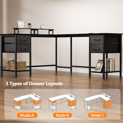 Korfile 59 inch L Shaped Computer Desk with Power Outlets, Home Office Desk with 4 Adjustable Storage Drawers & 2 Monitor Stands, Two Person Gaming Table for Bedroom, Black