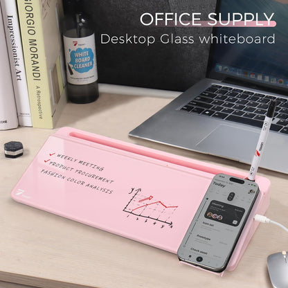 TOWON Small Compact Glass Desktop Whiteboard with Storage – 12 x 7 in Dry Erase Board for Desk, Home Office, School | Includes 5 Markers, Eraser & Holder | Space-Saving Organizer, Aesthetic Rose Gold