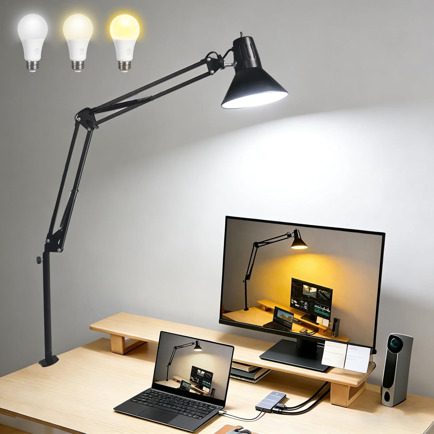 Desk Lamp With Clamp for Home Office, Eye-Caring Clip on Light with Adjustable Extra Tall Metal Swing Arm, High Intensity Clamp Lamp w/LED Bulb, Architect Task Table Lamps for Study, Workbench-B/5000k