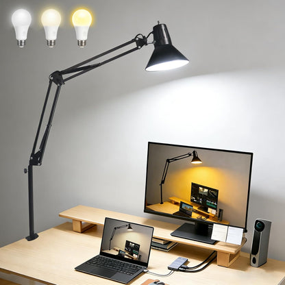 Desk Lamp With Clamp for Home Office, Eye-Caring Clip on Light with Adjustable Extra Tall Metal Swing Arm, High Intensity Clamp Lamp w/LED Bulb, Architect Task Table Lamps for Study, Workbench-B/5000k