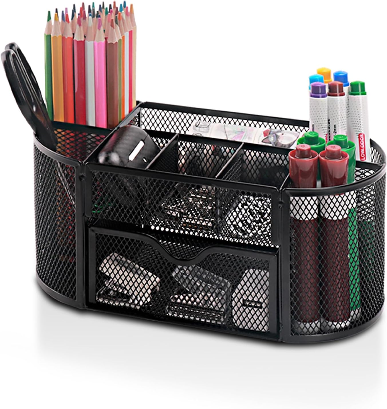 Comix 360° Rotating Pen Holder for Desk, 5 Compartments Office Desk Organizer, Black Mesh Metal Pencil Holder Cup for Office Home School