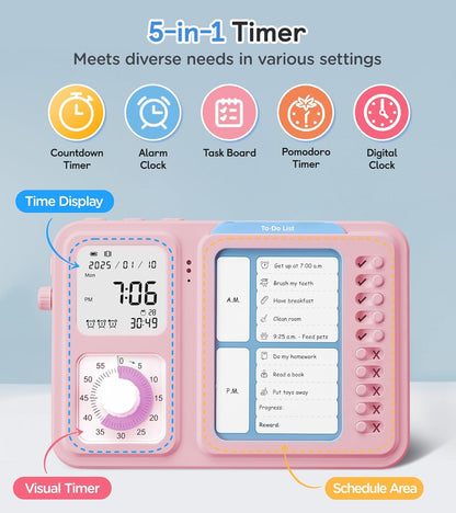 3-in-1 Visual Timer & ADHD Tool for Kids|Adults, Task Timer with Chore Chart Board, Visual Schedule for Kids with Autism, Daily Checklist for Home, School, Classroom, Desk