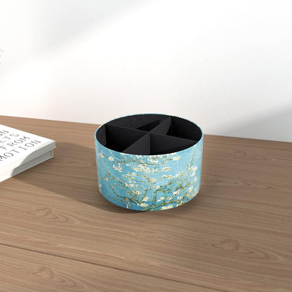 Round Leather Art Supply Organizer,Remote Control Holder,360 Degree Rotating,Multi-Functional Pencil Holder,4 Compartments Desktop Stationary Organizer(1-Fractal Flower) | Round - Colors A