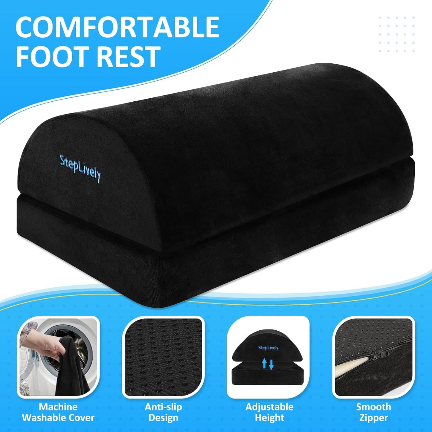 StepLively Foot Rest for Under Desk at Work, Comfortable Foot Stool with 2 Adjustable Heights, Footrest with Washable Cover, for Back & Hip Pain Relief, Suitable for Office, Home and Car (Black)