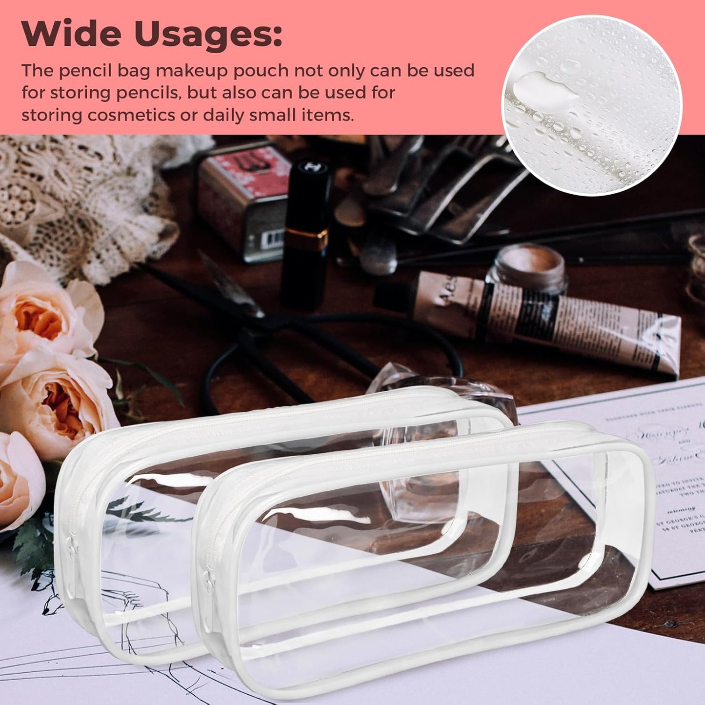 5 Pack Clear PVC Zipper Pencil Pouch, Pen Pencil Case Makeup Pouch, Large Capacity Pencil Bag for Office Stationery Travel Storage (Black)
