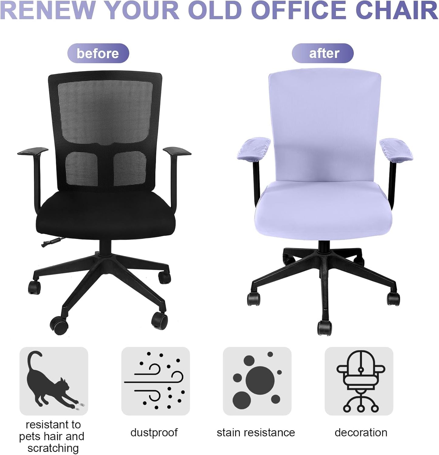 Tallew 4 Pcs Office Chair Covers Set Computer Universal Protective Stretchable Chair Seat Covers Desk Armrest Cover Pads Office Cushion Backrest for Rotating(Regular,Black)