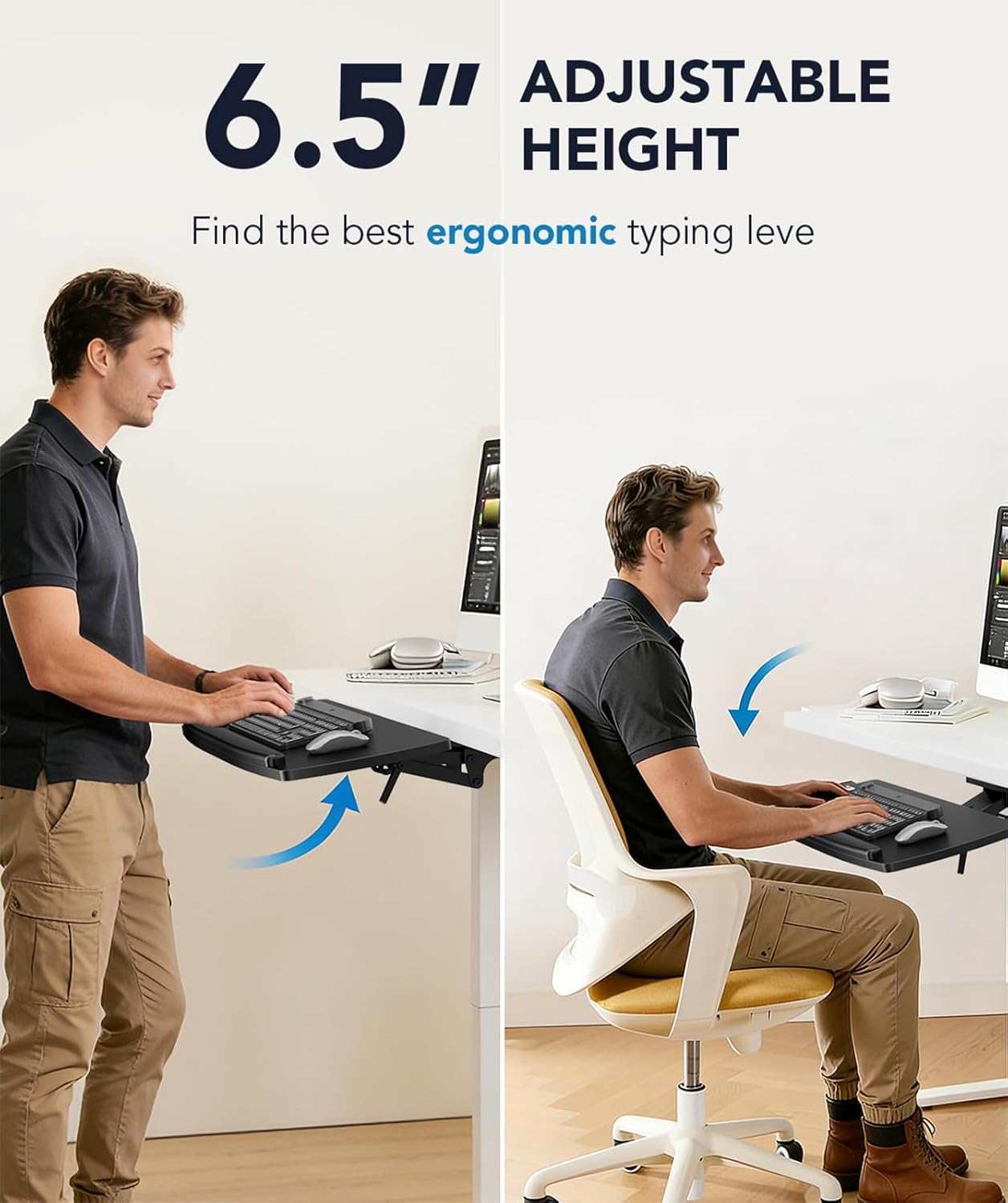 AX WABER Keyboard Tray Under Desk with Storage Drawer, Height Adjustable Keyboard Tray Slide Out 360° Swivel Tilt, Ergonomic Under Desk Mount Keyboard & Mouse Holder for Gaming Home Office, Black