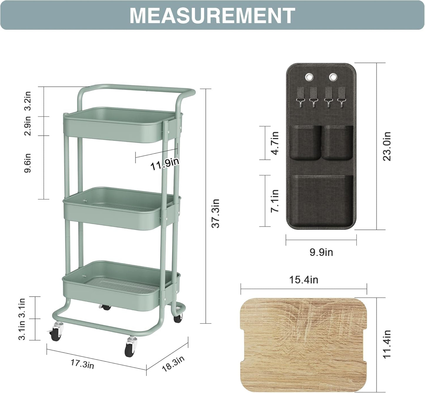 DTK 3 Tier Metal Utility Rolling Cart with Table Top and Side Bags, Tray Storage Organizer Wheels, Art Craft 4 Hooks for Kitchen Bathroom Office Living Room (Black)