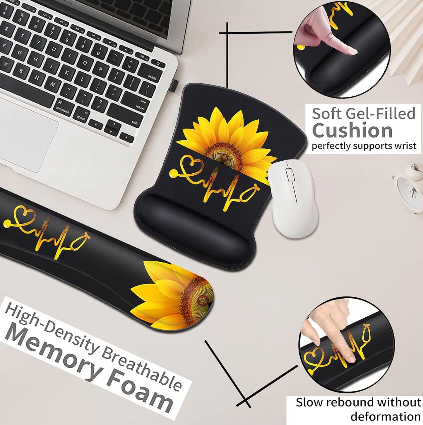 Mouse Pad with Wrist Support, Ergonomic Gel Mouse Pad Beautiful Flowers,Non-Slip Durable, Memory Foam Keyboard Wrist Rest, Suitable for Office Typing Games, Pink Hyacinths on Wood Panel