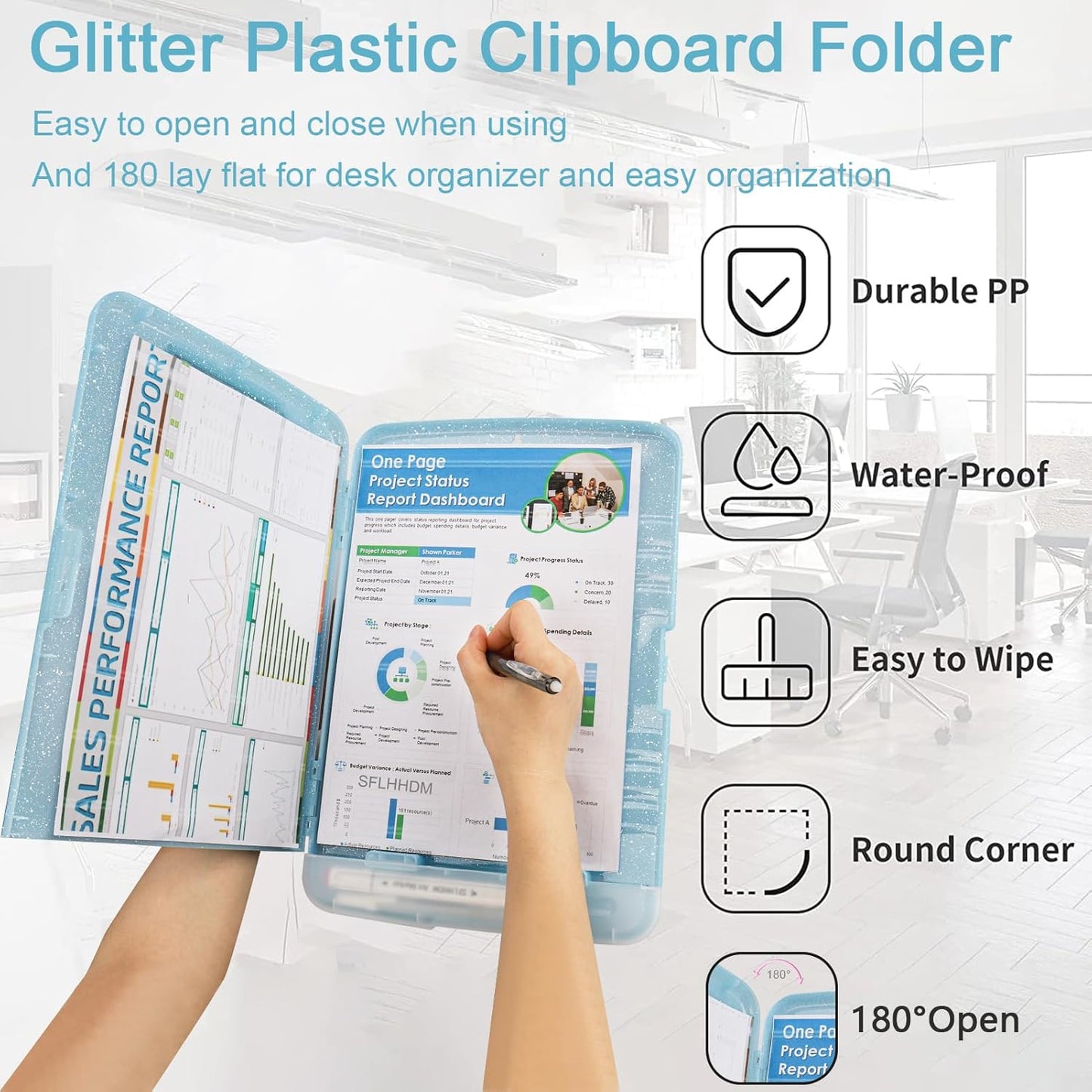 Glitter Clipboard with Storage,Storage Clipboard with Pen Holder,A4 Binder Clip Boards 8.5x11 with Low Profile Clip,Side Opening Sparkle Clipboards, Clipboards Folder for Office Supplies-Starry Black