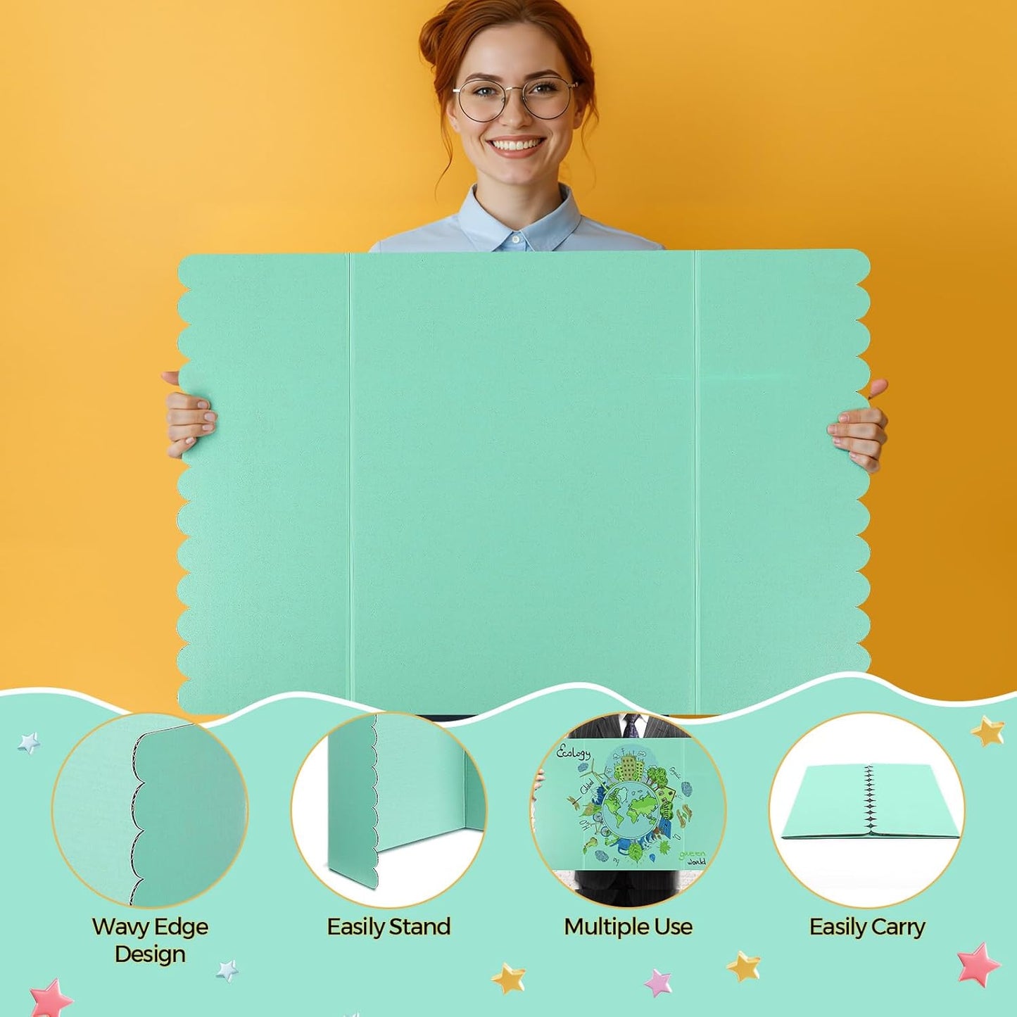 Mooliwe 4 Pack 24" X 16" Trifold Poster Board, Medium Tri Fold Boards Foldable Corrugated Presentation Display Scalloped Borders for Science Fair Events, School Projects, Exhibitions (Macaron)