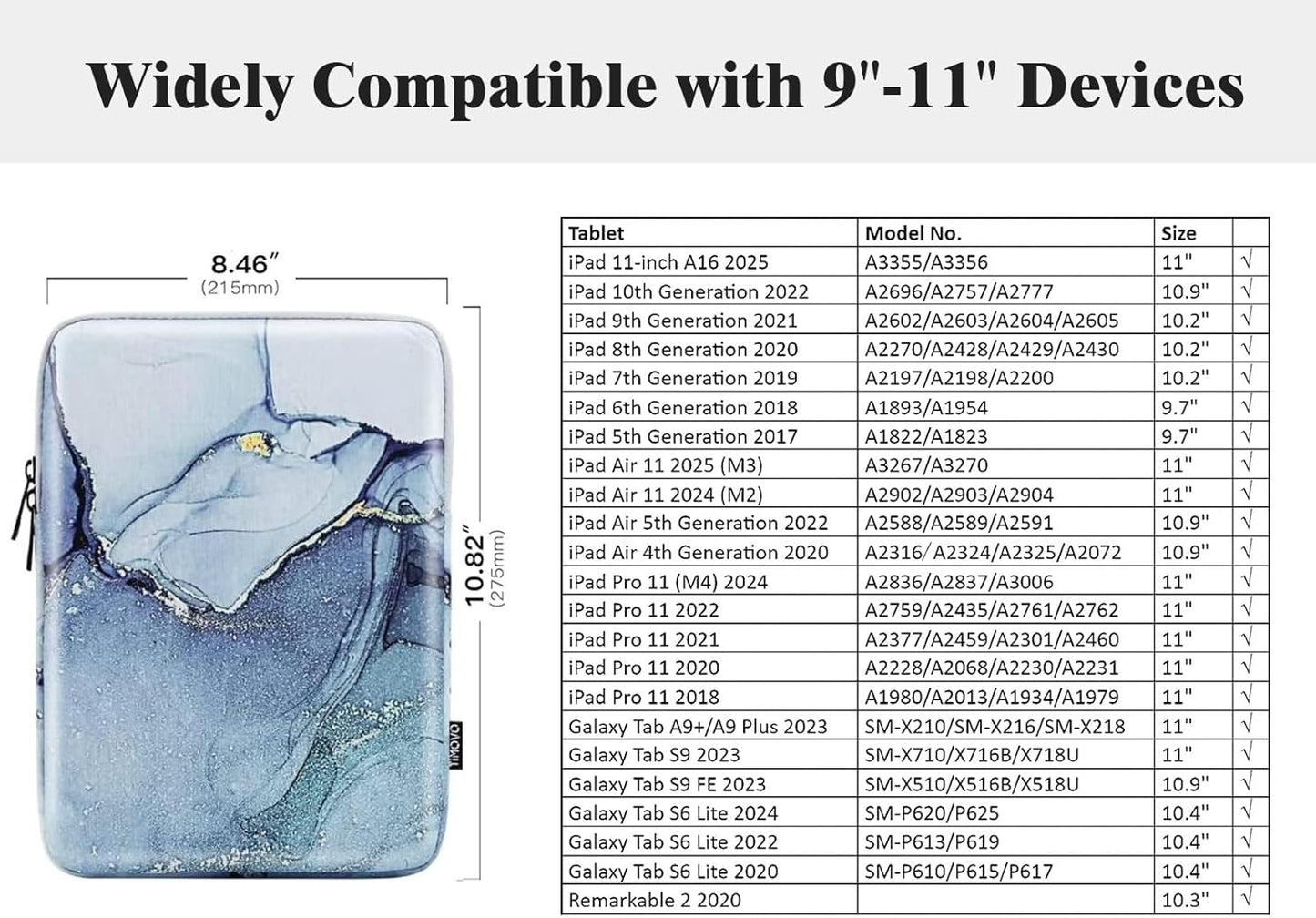 TiMOVO 9-11" Tablet Sleeve Bag for iPad 11-inch A16 2025, iPad 10.9"/10.2"| Air 11 Inch/5th/4th Gen. 10.9", Galaxy Tab A9+/A11Plus 11", Protective Bag Fit Smart Keyboard, Dusty Blue