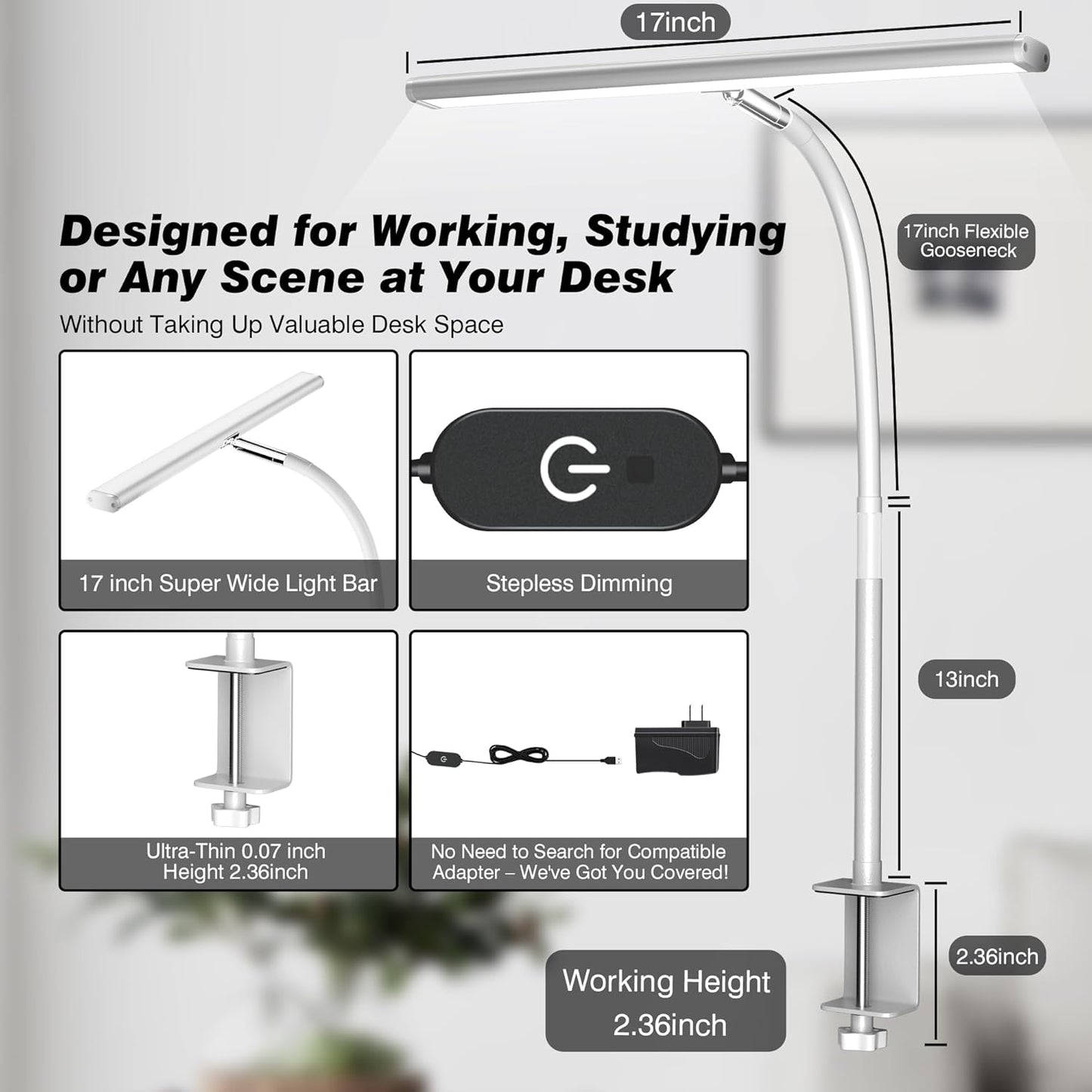 Airlonv LED Desk Lamp for Office Home, Eye-Caring Desk Light with Stepless Dimming Adjustable Flexible Gooseneck, 10W USB Adapter Desk Lamp with Clamp for Reading, Study, Workbench (Black)