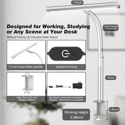 Airlonv LED Desk Lamp for Office Home, Eye-Caring Desk Light with Stepless Dimming Adjustable Flexible Gooseneck, 10W USB Adapter Desk Lamp with Clamp for Reading, Study, Workbench (Black)