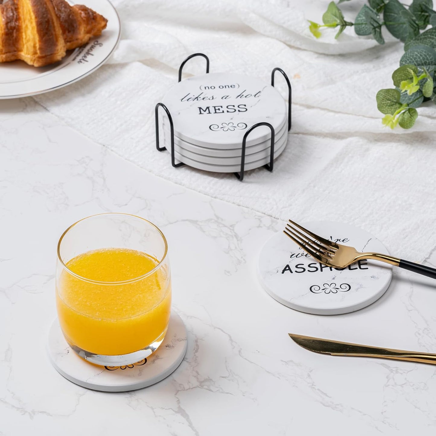 6Pcs Drink Coasters with Holder, Marble Style Ceramic Drink Coaster, Absorbent Coasters Set Suitable for Kinds of Cups, Modern Style Coaster for Coffee Table, 4 Inches
