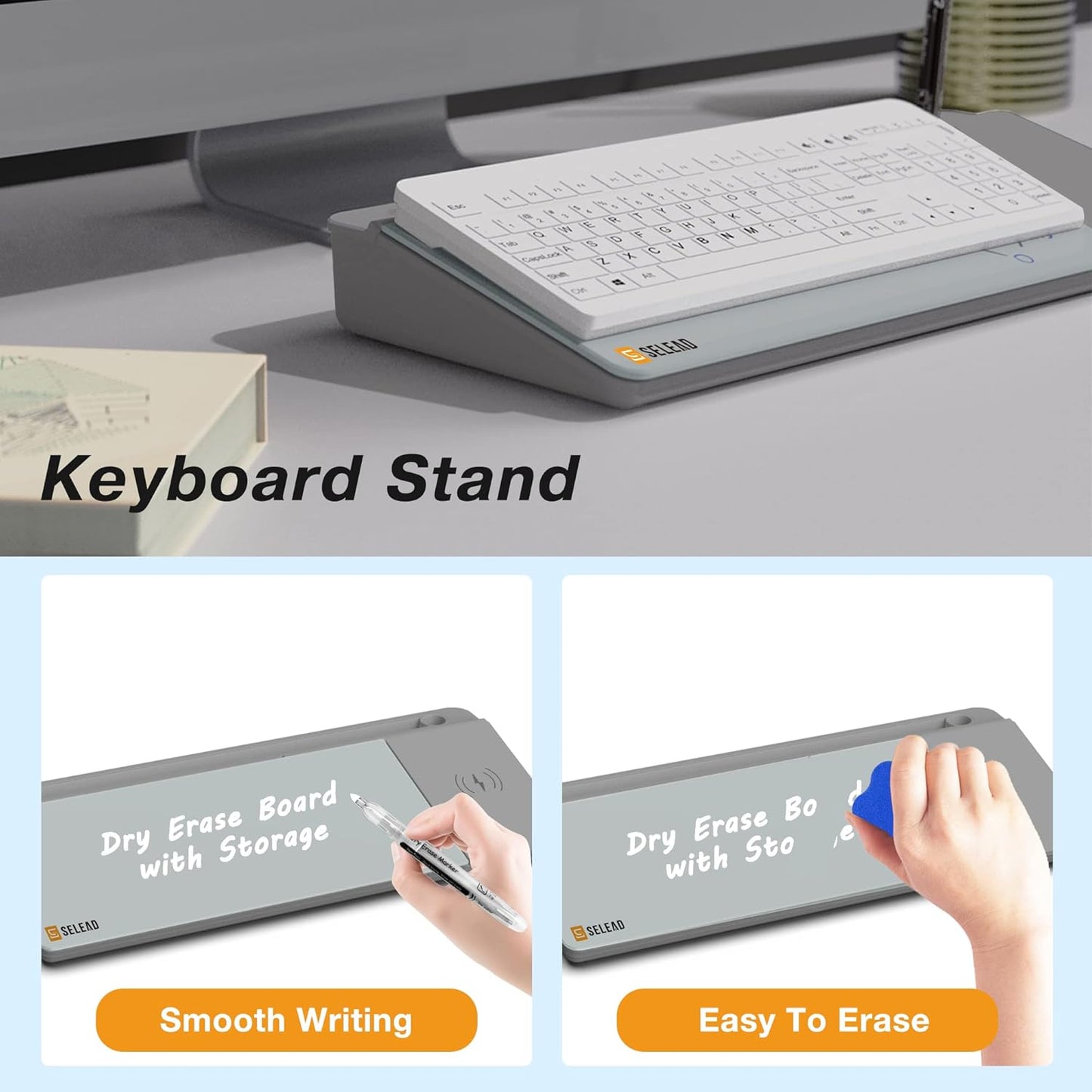 SELEAD Desktop Glass Whiteboard with Wireless Charger Station, Dry Erase Board Computer Pad Keyboard Stand with Organizer for Home, School, Office Desk Accessories, Black