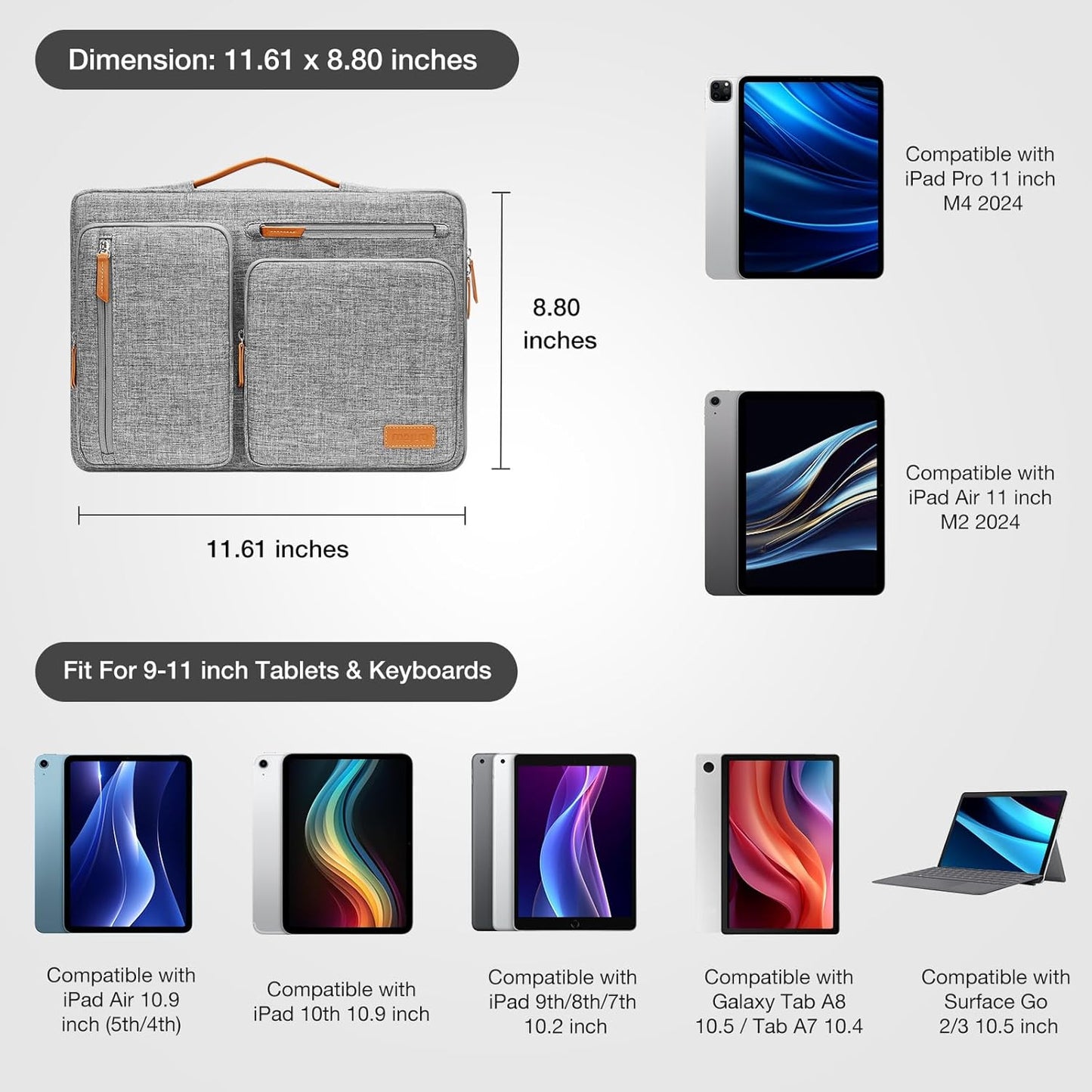 MOSISO 9-11 inch Tablet Sleeve Case for iPad A16 2025, iPad Air 11 inch M3 M2, iPad Pro 11 M4, iPad 10/9/8/7th, Galaxy Tab A9+/S9/S8/Plus 11, Side Open Carrying Bag with 4 Zipper Pockets, Black