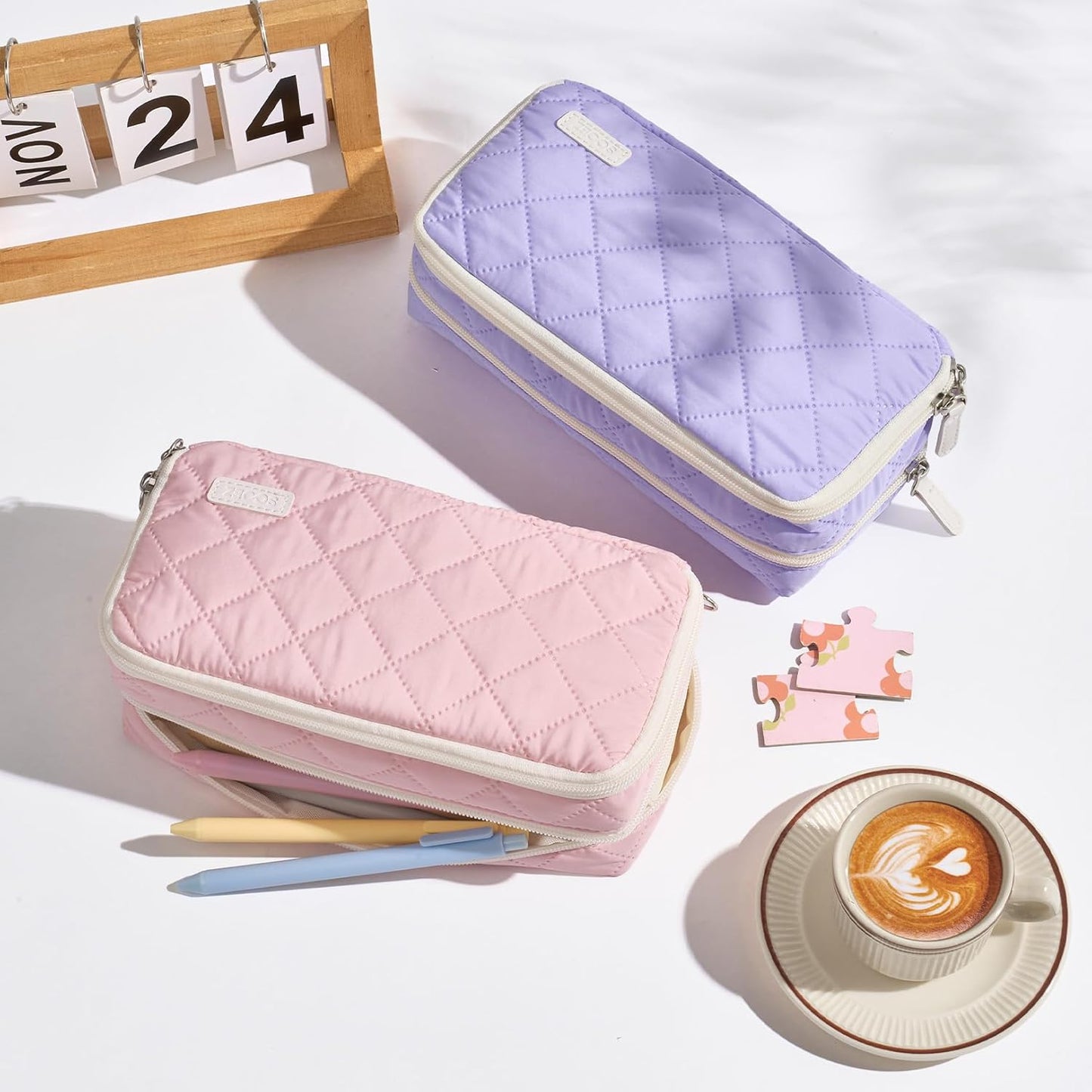 Sooez Large Pencil Case Pouch, Extra Big Pencil Bag with 8 Compartments, Pen Bag Wide Opening, Soft Quilted Pencil Pouch Organizer with Zipper, Portable Pencil Case for Teen Girls, Pink