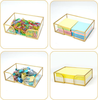 Glass Sticky Note Holder, Gold Post It Note Dispenser for Desk,3 x 3 Inch Post It Note Holder,Stylish Sticky Note Dispenser for Home Office Desk