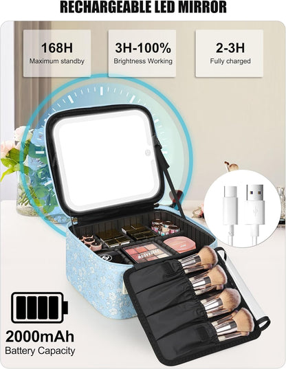 Relavel Travel Makeup Bag With LED Mirror, Cosmetic Train Case with Light up Mirror, Portable Makeup Artist Organizer Bag with Adjustable Dividers, Makeup Brush Holder Storage, Black