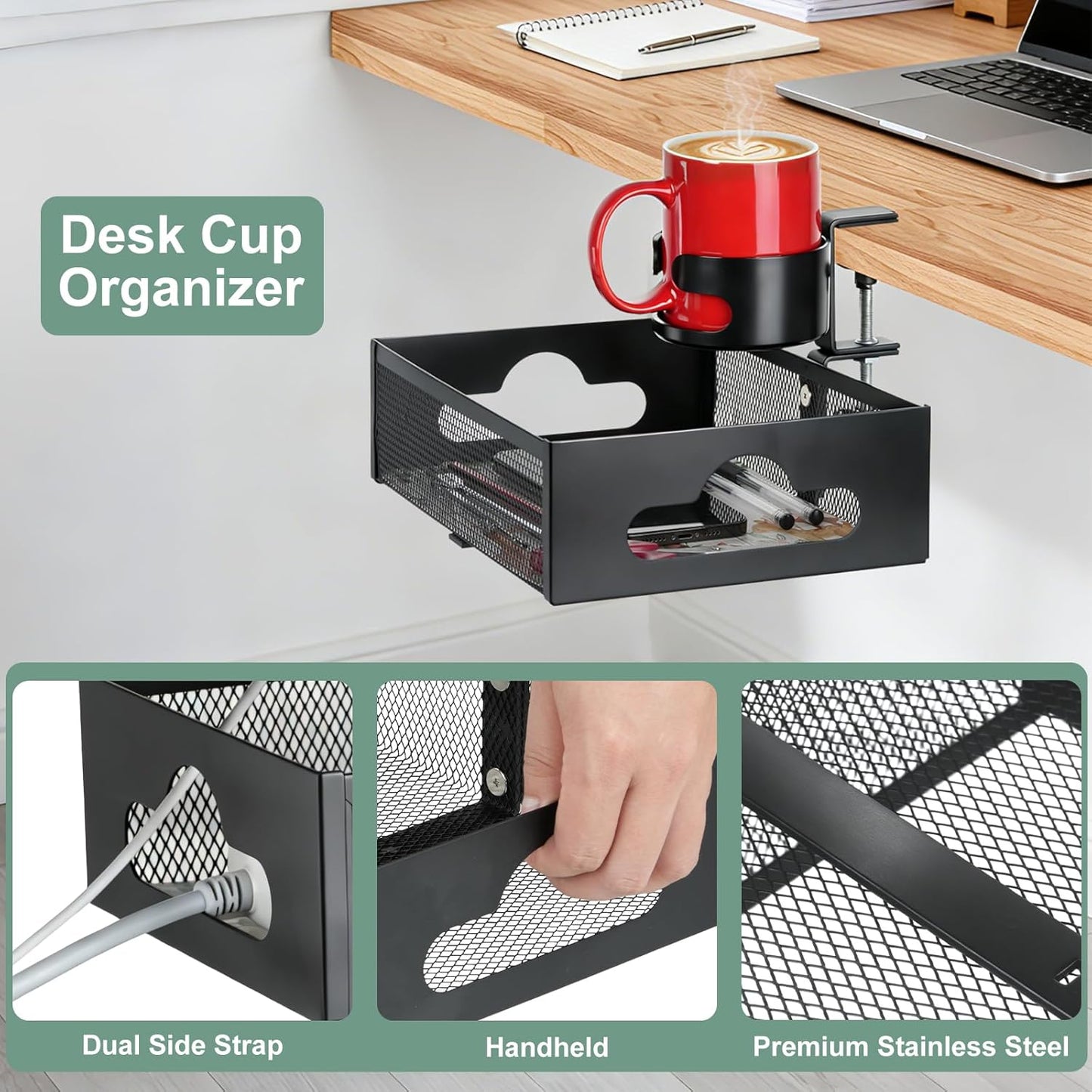 MYITYARD Desk Cup Holder Clamp, Anti-Spill Clip On Table Cup Holder, Rotatable Water Bottle Stand Drink Coffee Mug Storage, Office Accessories for Home and School (Black)