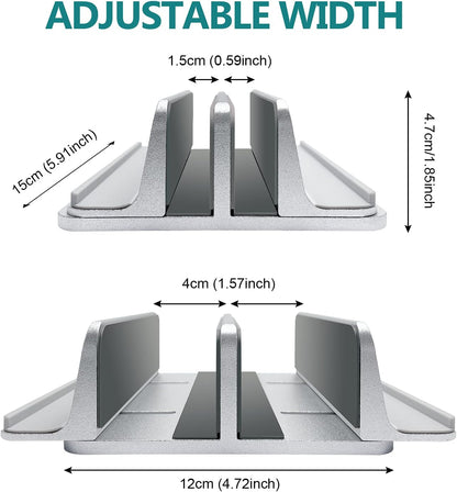 Vertical Laptop Stand Aluminum Heavy Duty, 4 Slots Double Adjustable MacBook Stands Laptop Holder Compatible w' All iPad Surface Dell Samsung HP Chromebook Upto 17.5' - Gray