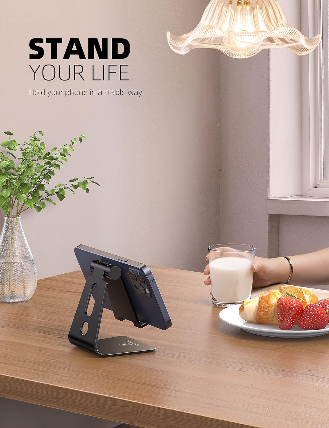 Lamicall Adjustable Cell Phone Stand, Desk Phone Holder, Cradle, Dock, Compatible with iPhone 17 16 15 14 Air Plus Pro Pro Max 13 12 X XS, 4-8" Phones, Office Accessories Gifts, All Smartphone, Black