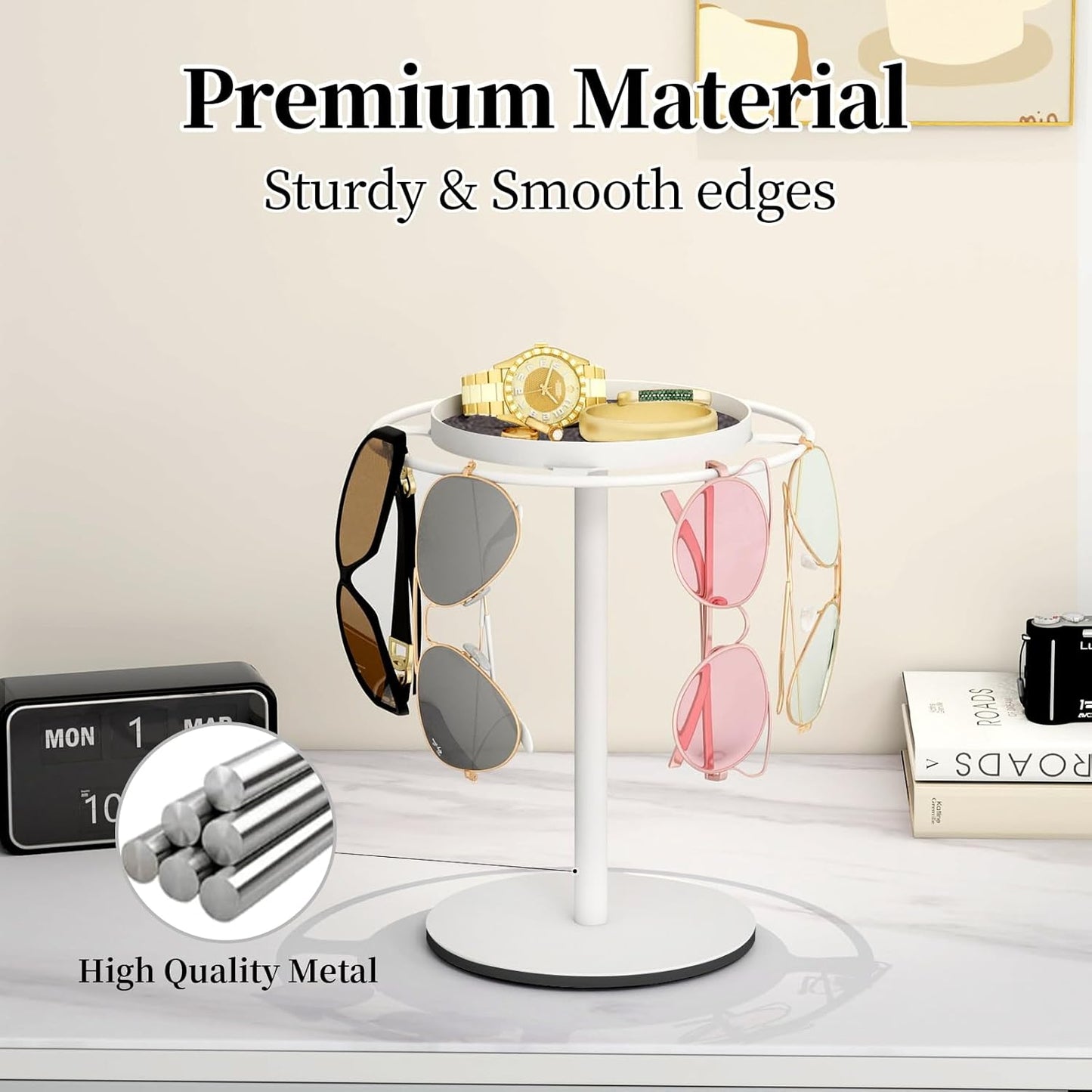 LSK Metal Sunglasses Organizer, Glasses Holder Stand with Storage Tray, Eyeglasses Holder with Anti-Slip Pads for Tabletop, Desk, Dresser, Matte Black