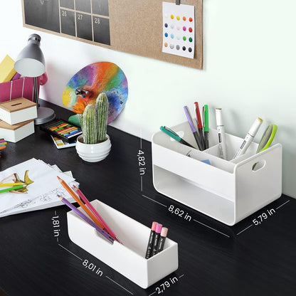 ARTEZA Desktop Pen and Marker Organizer, 6-Compartment White Pen Holder for Desk with Stationery Drawer, Makeup Organizer