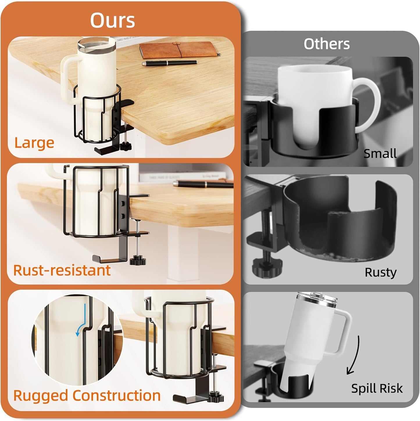 Large Desk Cup Holder, 2-in-1 Clip On Cup Holder with Headphone Hook, Heavy-Duty Metal Drink Holder for Insulated Tumblers, Big Water Bottles, Fits Office Desk Organizer, Dorm, Gaming Setup (1 Pack)