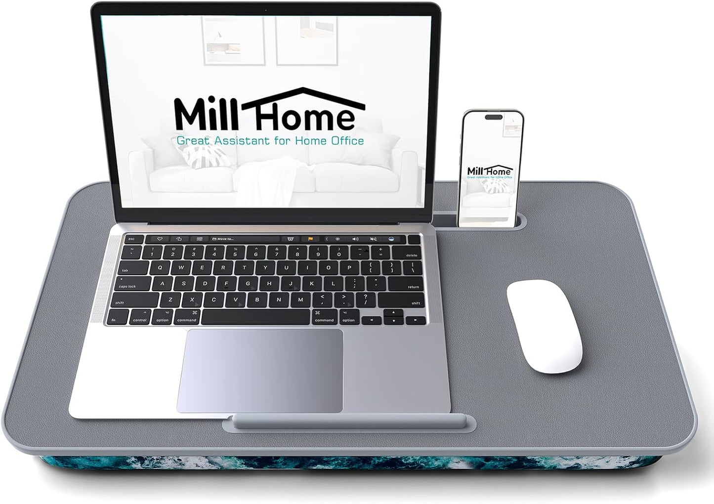 Lap Desk with Cushion, Fits up to 17 inch Laptop, Pillow Designed, Portable Laptop Stand with Tray, Pad & Phone Holder, Home Office for Bed/Couch/Car/Reading/Writing,MillHome (Black)