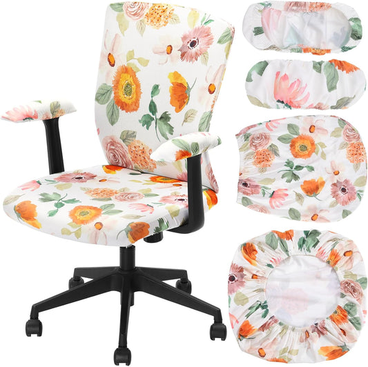 Tallew 4 Pcs Office Chair Covers Set Computer Universal Protective Stretchable Chair Seat Covers Desk Armrest Cover Pads Office Cushion Backrest for Rotating(Regular,Black)