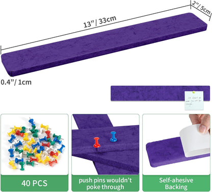Cork Board for Walls - 8 Pack Felt Pin Board Bar Strips - Self-Adhesive Lightweight Bulletin Board - Cork Board for Office with 40 Push Pins No Damage for Wall