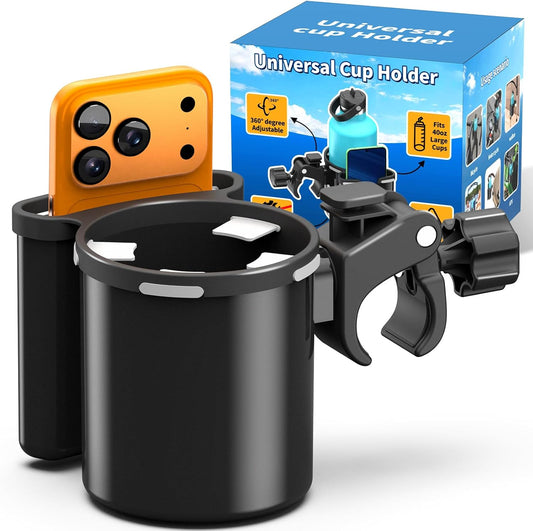 Universal Clamp-on 2-in-1 Cup Holder & Phone Holder for Stroller, Walker, Wheelchair, Fits 12oz-40oz Drinks, Multifunctional Storage Organizer, Pack of 2