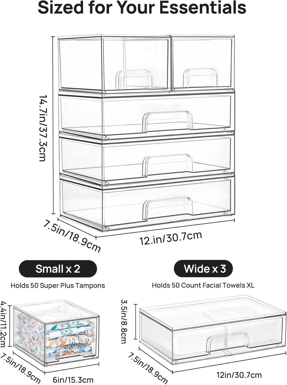Vtopmart Stackable Storage Drawers Set of 3,Clear Plastic Organizer Bins for Makeup, Cosmetics, Beauty Supplies,Ideal for Vanity, Bathroom,Cabinet,Pantry Organization