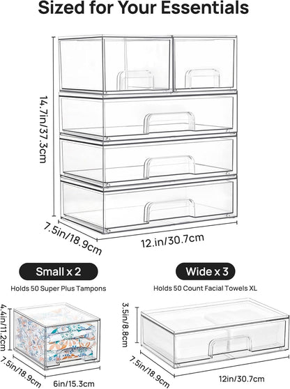 Vtopmart Stackable Storage Drawers Set of 3,Clear Plastic Organizer Bins for Makeup, Cosmetics, Beauty Supplies,Ideal for Vanity, Bathroom,Cabinet,Pantry Organization
