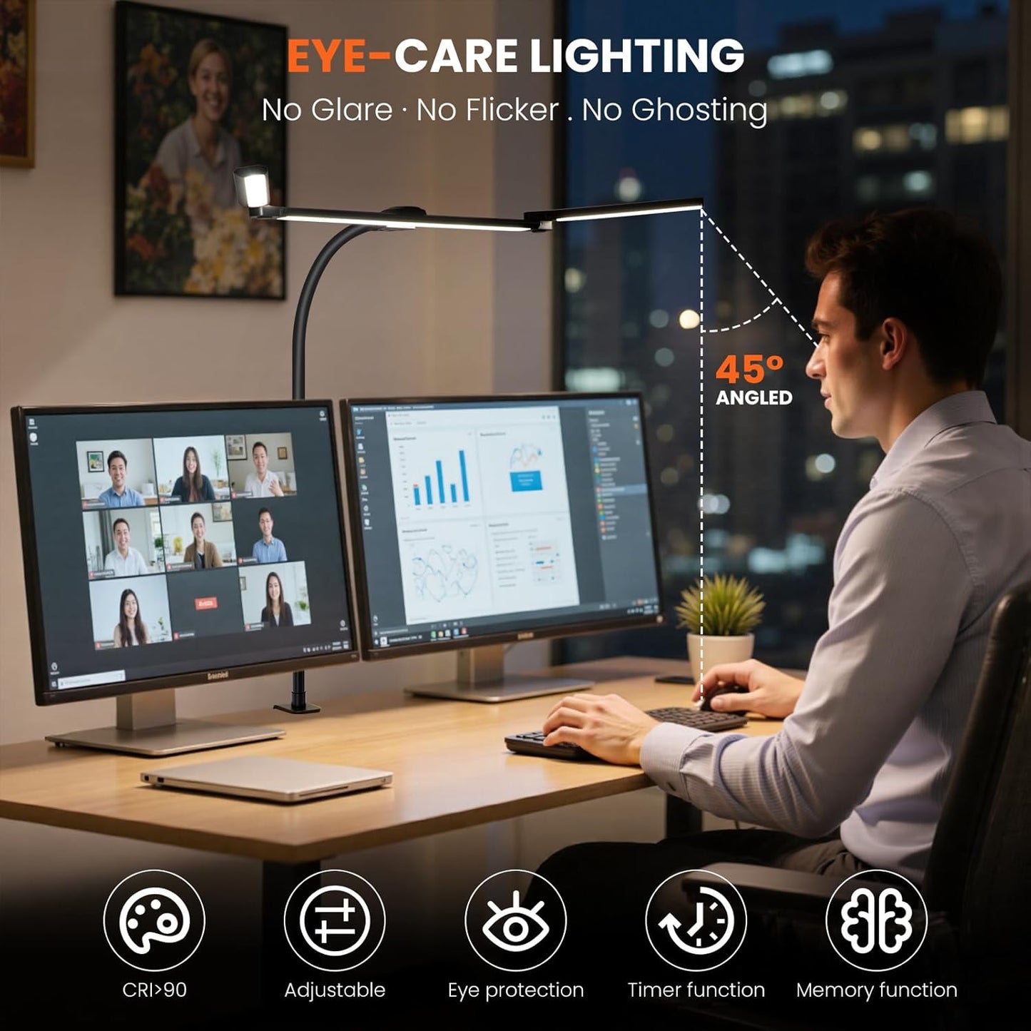 LED Desk Lamp for Office Home, 3 Light Bar Adjustable Desk Light with Clamp, Architect Table Lamp Computer Monitor Lighting, Stepless Dimming Eye-Caring Clip on Light for Workbench Reading Study Black