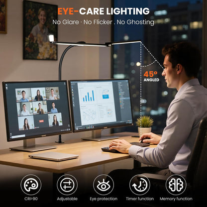 LED Desk Lamp for Office Home, 3 Head Adjustable Computer Monitor light Bar Stepless Dimming, Eye Caring Architect Desk Lamp Table Lamp Clip on Desk Light with Clamp for Reading Study Workbench Black