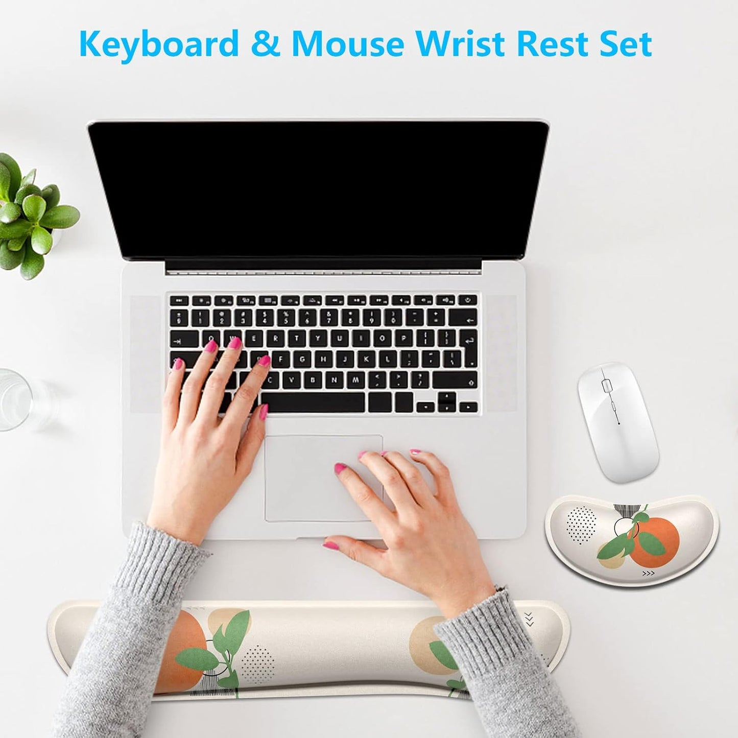 Dapesuom Enlarge Keyboard Wrist Rest, Memory Foam Wrist Cushion for Desk Mat Support, Cute Pain Relief Keyboard Mouse Pad Rests Set with Non-Slip Base for Gaming Laptop Office Computer, Elegant Flower