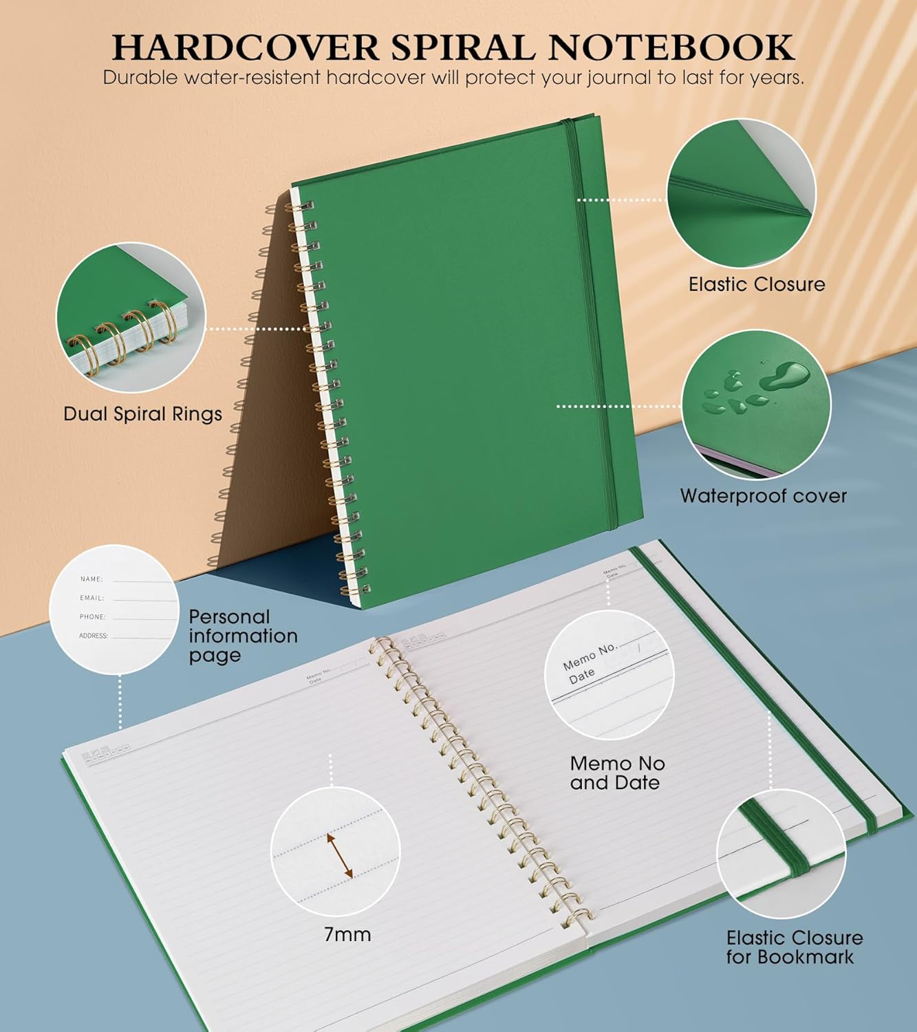 Dotted Notebook, Spiral Notebook Journal 8.5” x 11”, A4 Large Dot Grid Notebooks for Women Men, 100 GSM Dotted Paper, Plastic Hardcover Spiral Bullet Journals for Work School Sketching, Green