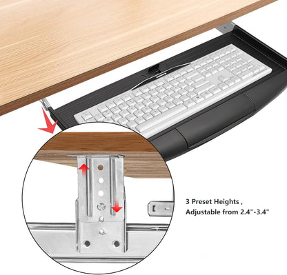 TOOCUST Under Desk Keyboard Tray, 20" Wx11"D Sturdy Key Board Tray Under Desk Slide with Pen Tray, Desk Extender with Pen Holder,Black