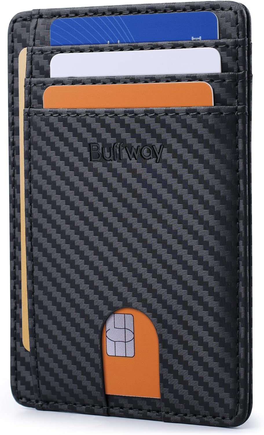 Buffway Slim Minimalist Front Pocket RFID Blocking Leather Wallets for Men and Women - Carbon Fiber Black - Colors A