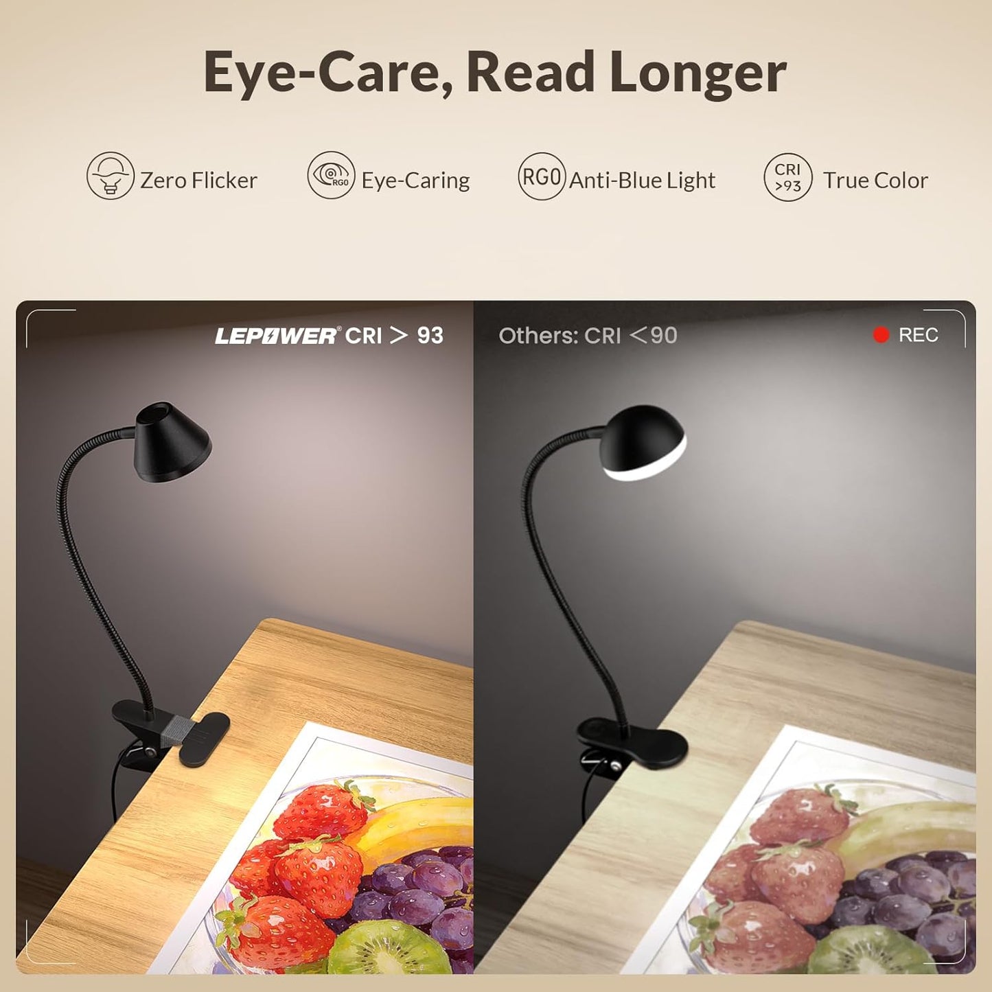 LEPOWER Clip on Light, 7W Reading Lights for Books in Bed with 5 Colors & Stepless Dimming, RG0 Eye-Care, Amber Glow Light & Auto Timer, Strong Clamp with Adapter for Headboard, Bedside, Desk, Black